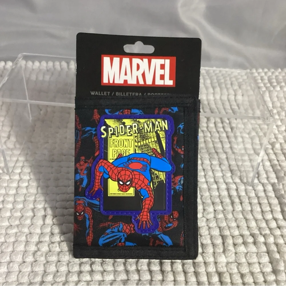 Bioworld Marvel Spider-Man Front Page Trifold Nylon Wallet Hook Loop Close NEW